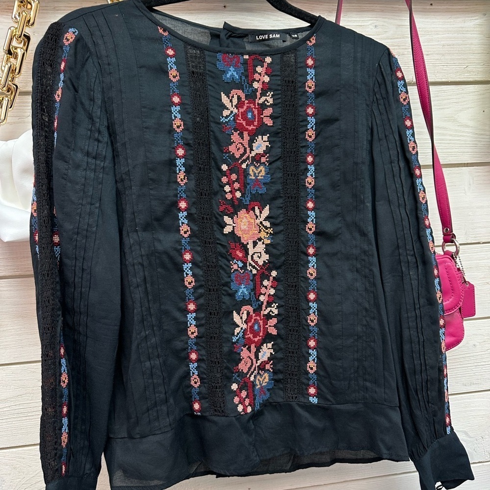 Love Sam Black Embroidered Boho Blouse XS - Picture 2 of 7